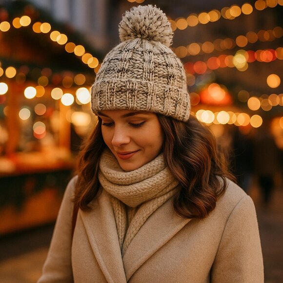 ✨ Eddie Bauer Y2K Basket-Weave Pom Beanie — Oatmeal & Charcoal Marled (RN 47648) - Picture 1 of 11